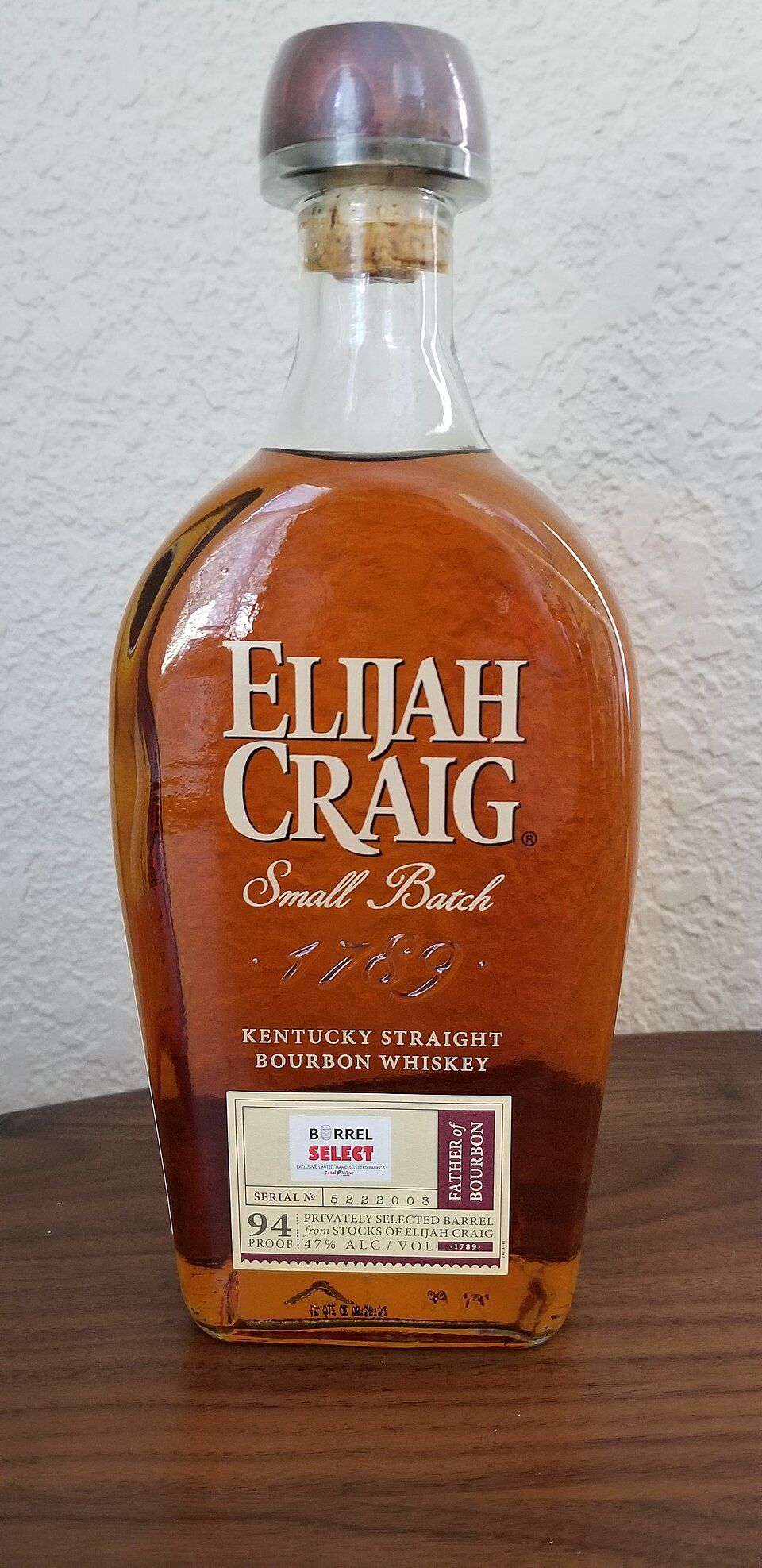 A bottle of Elijah Craig Small Batch bourbon